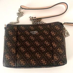 GUESS Brown Logo Monogram Crossbody with Chain Strap